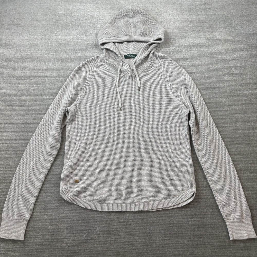 Lauren Ralph Lauren Cropped Thermal Waffle Hoodie Womens L Gray Knit Stretch